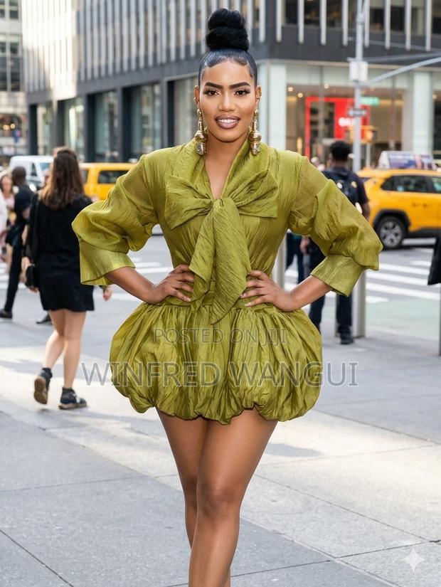 Olive Green Puffy Mini Dress With Statement Bow