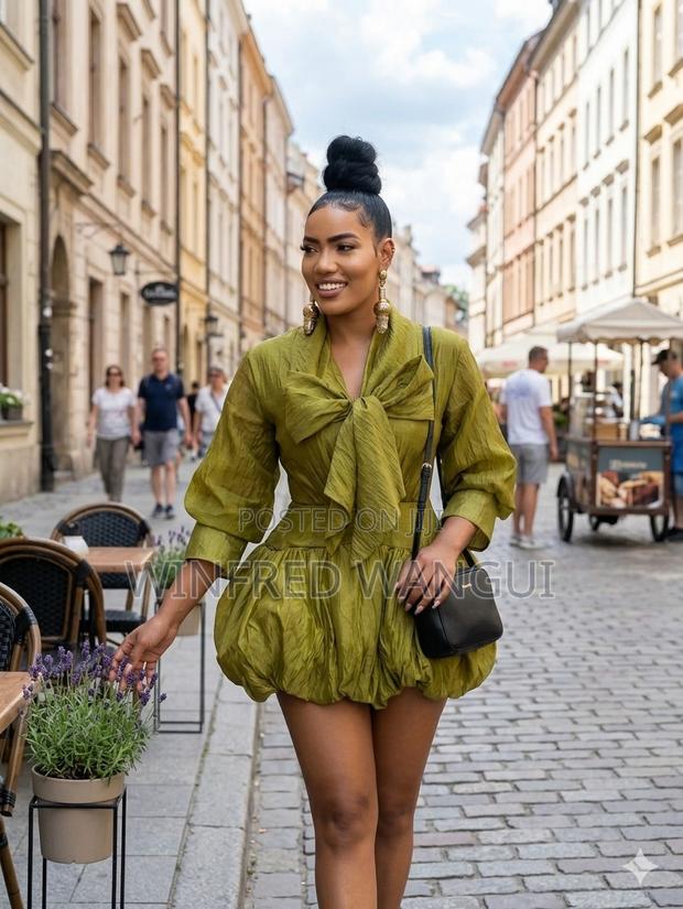 Olive Green Puffy Mini Dress With Statement Bow - thumbnail 2