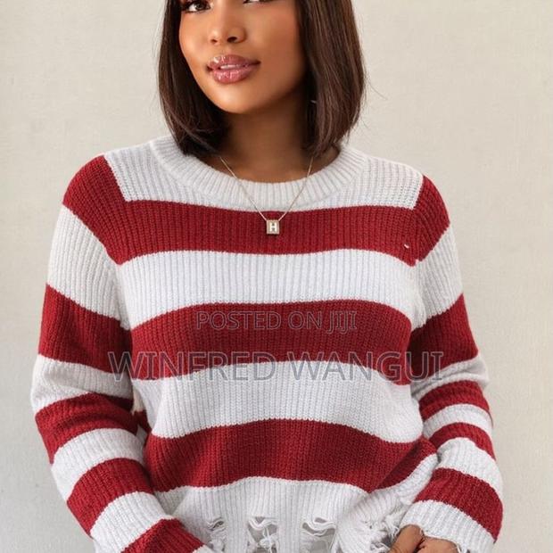 Striped Distressed Crewneck Knit Sweater - main view