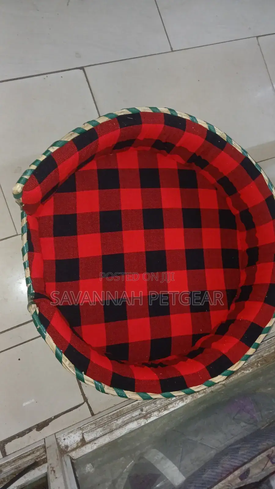 Maasai Pet Bed Checkered Shuka Fabric and a Woven Basket Rim -Size 26"