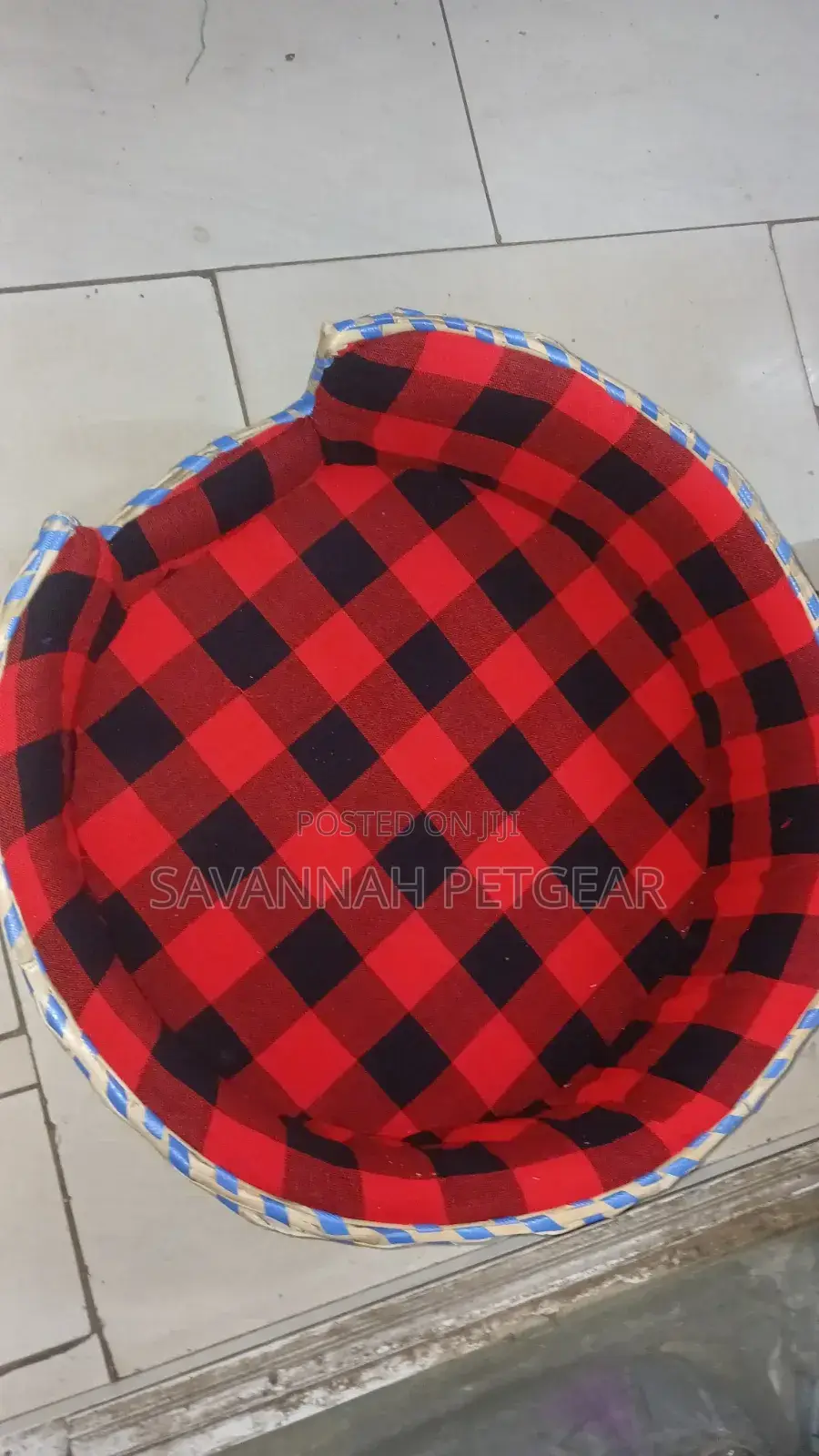 Maasai Pet Bed Checkered Shuka Fabric and a Woven Basket Rim -Size 26"