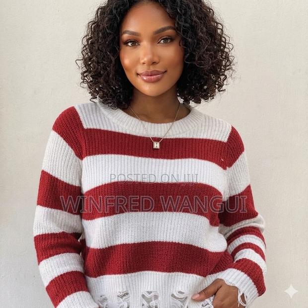 Striped Distressed Crewneck Knit Sweater - thumbnail 2