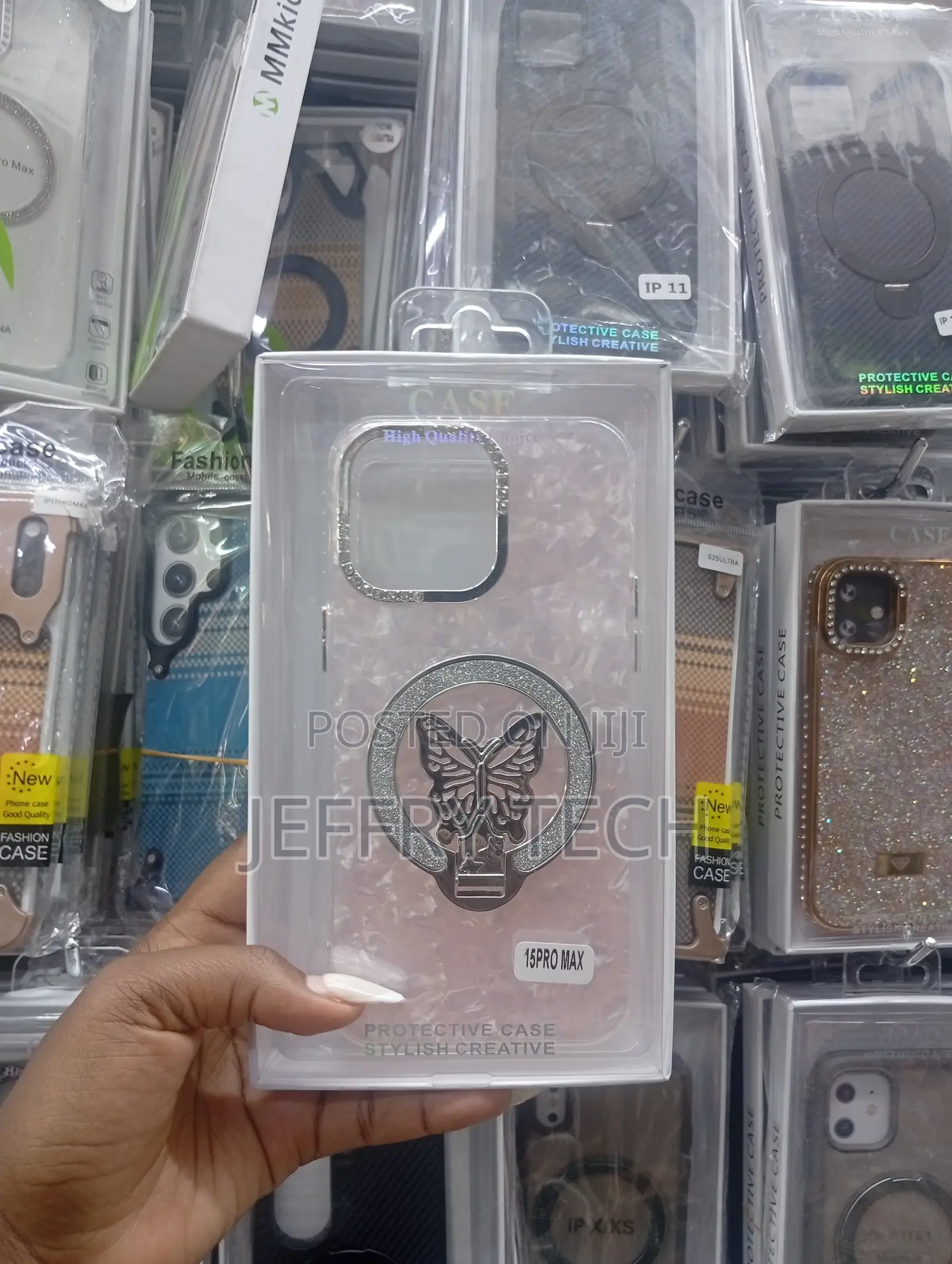 Pearl White Butterfly Bejeweled Kickstand Case for iPhone 15 Pro Max