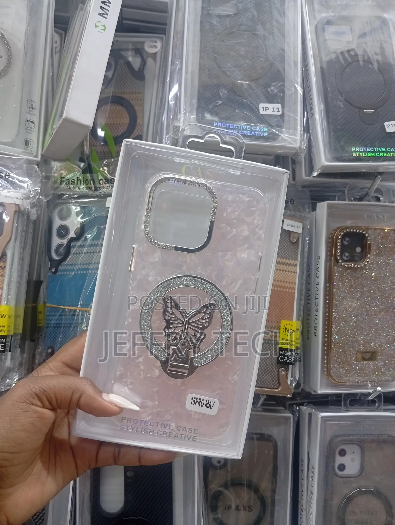 Pearl White Butterfly Bejeweled Kickstand Case for iPhone 15 Pro Max