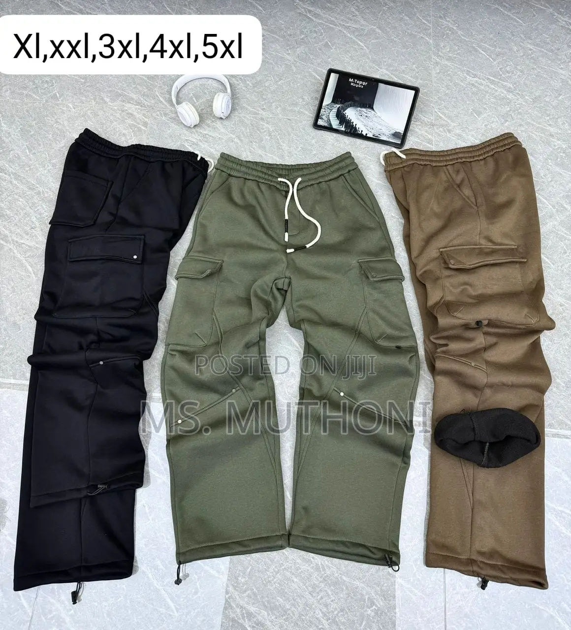 Fleece-Lined Cargo Sweatpants W/Drawstring Waist Elastic Ankle Cuffs