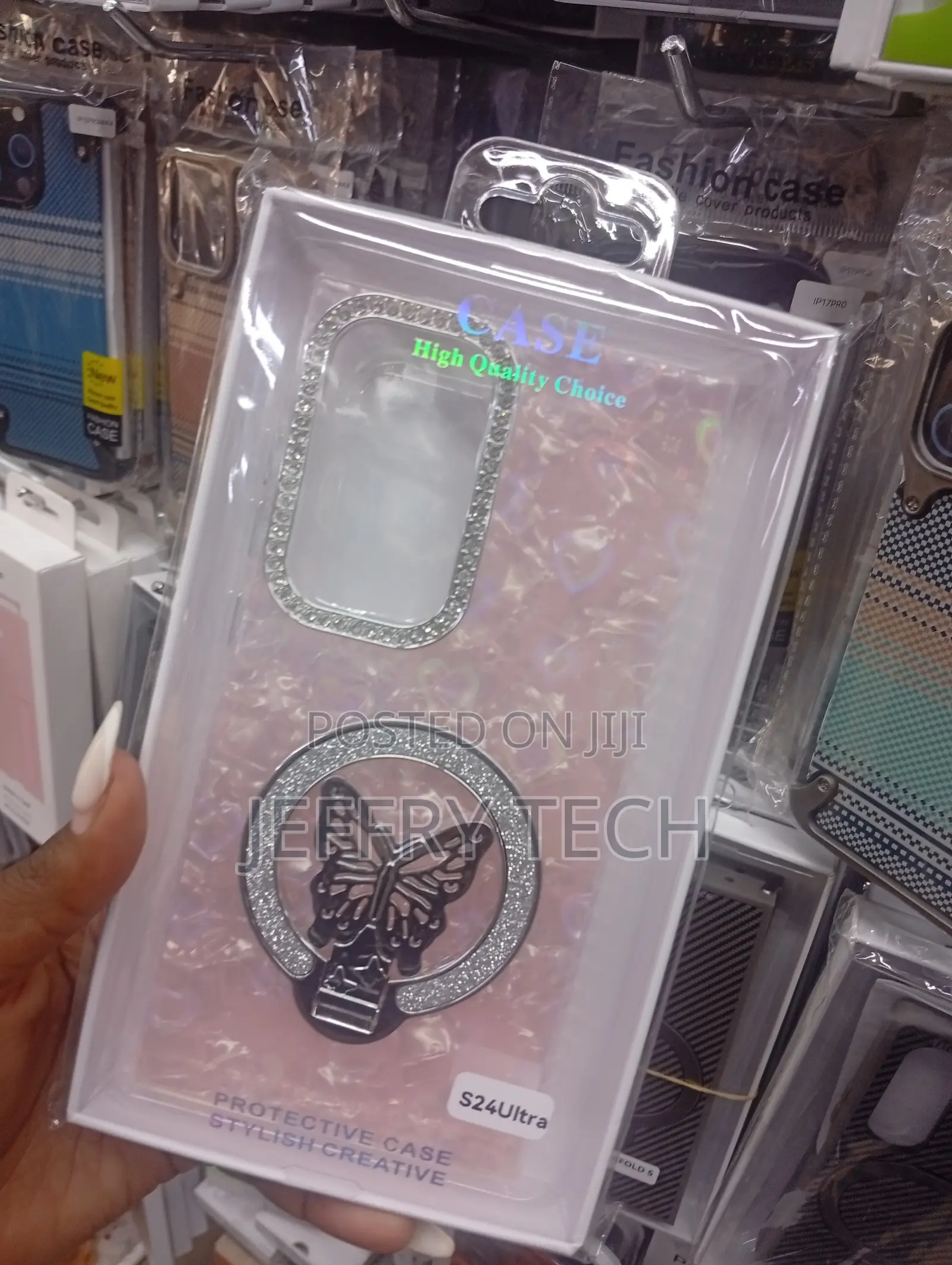 Glitter Butterfly Phone Case for a Samsung Galaxy S24 Ultra in Pink.