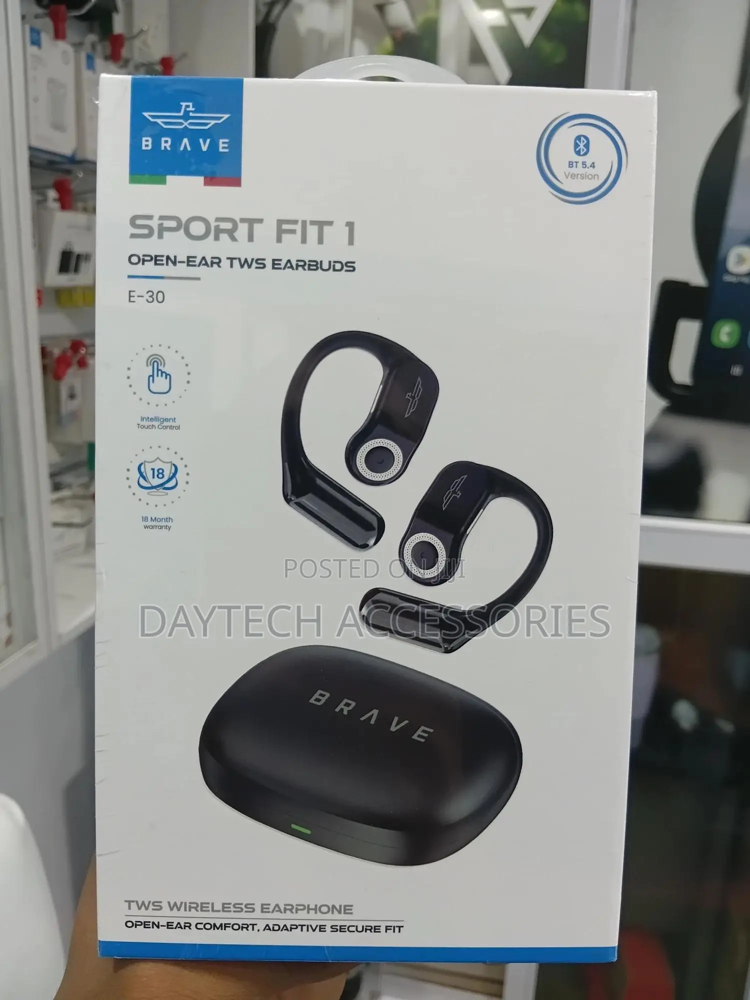 Brave Sport Fit 1 Open-Ear TWS Earbuds Model E-30 in Black.