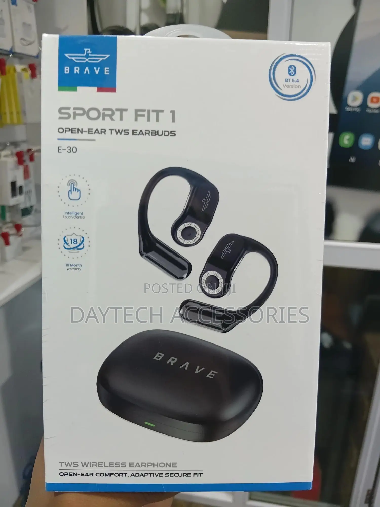 Brave Sport Fit 1 Open-Ear TWS Earbuds Model E-30 in Black.