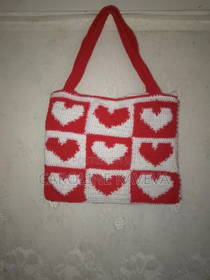 Hand Made Crotchet Tote Bag Red White Heart