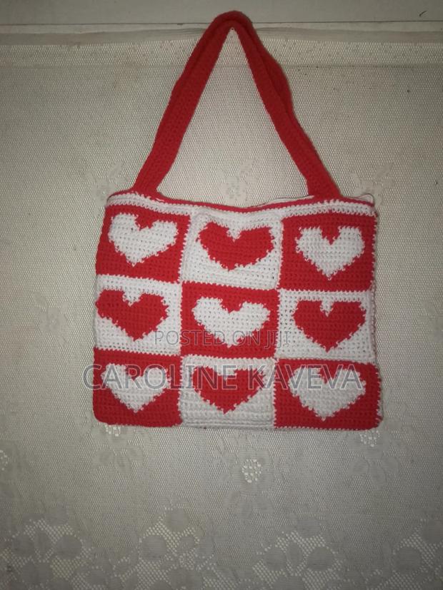 Hand Made Crotchet Tote Bag Red White Heart