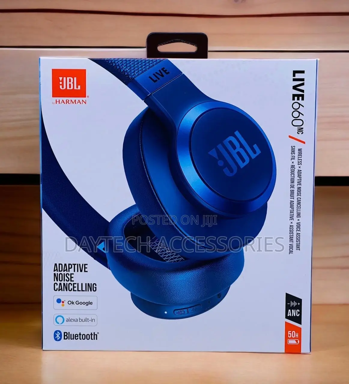 These Are Blue JBL Live 660nc Wireless Over-Ear Headphones.