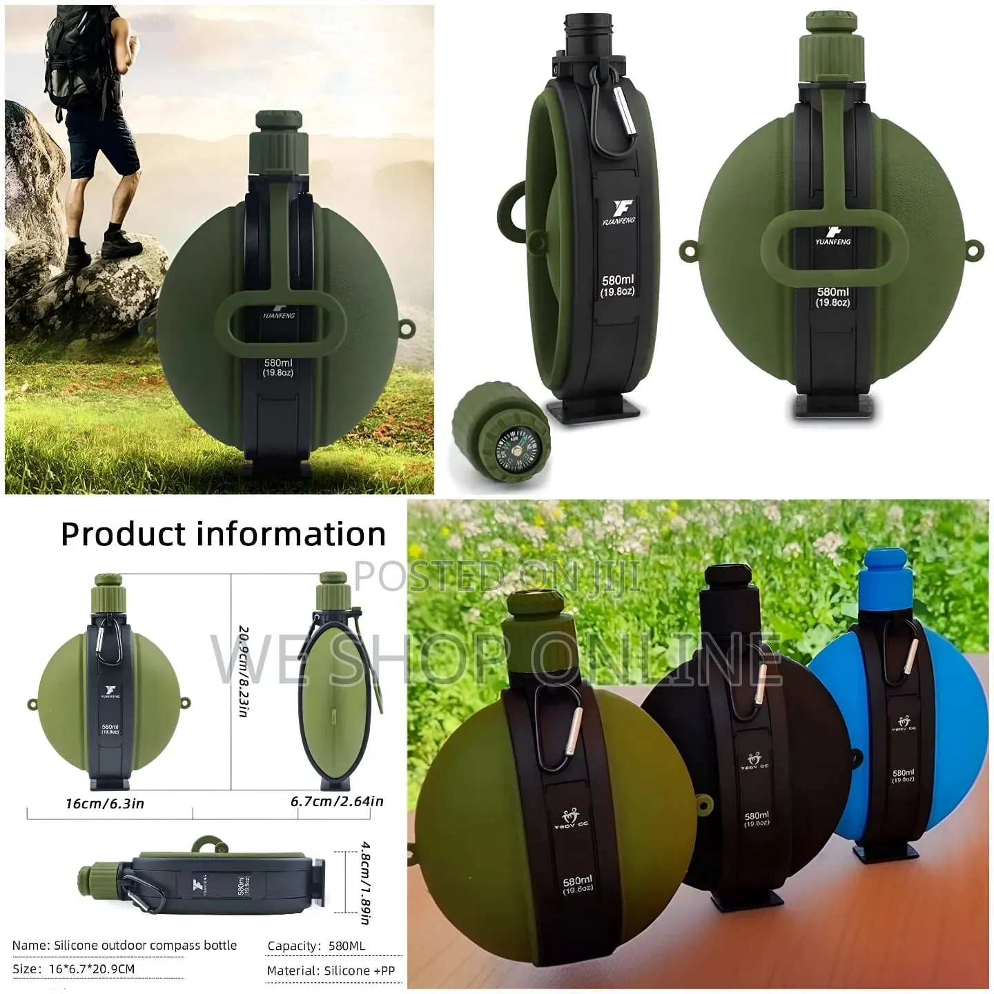 580mls Foldable Silicone Water Bottle With Compass