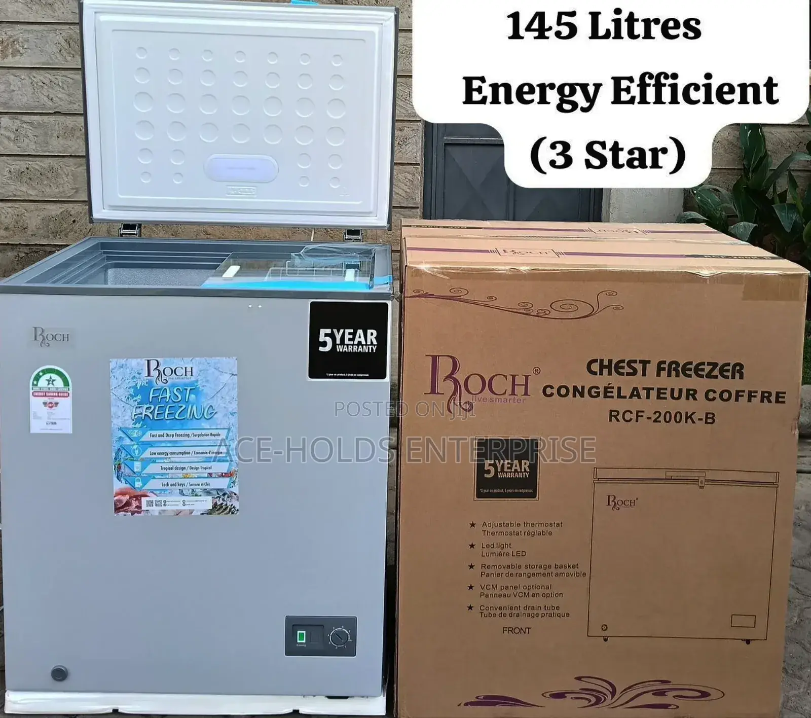 Roch 145 Litres Chest Freezer - RCF-200-K-B (2 Stars) Sliding Glass