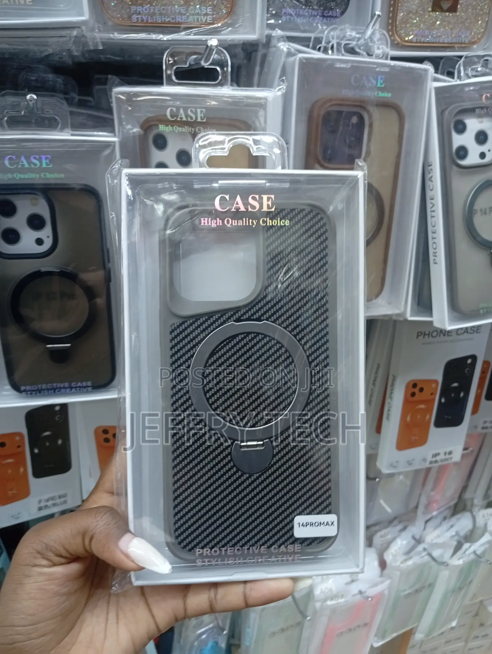Grey Carbon Fiber Case With Stand Ring Magsafe for iPhone 14 Pro Max