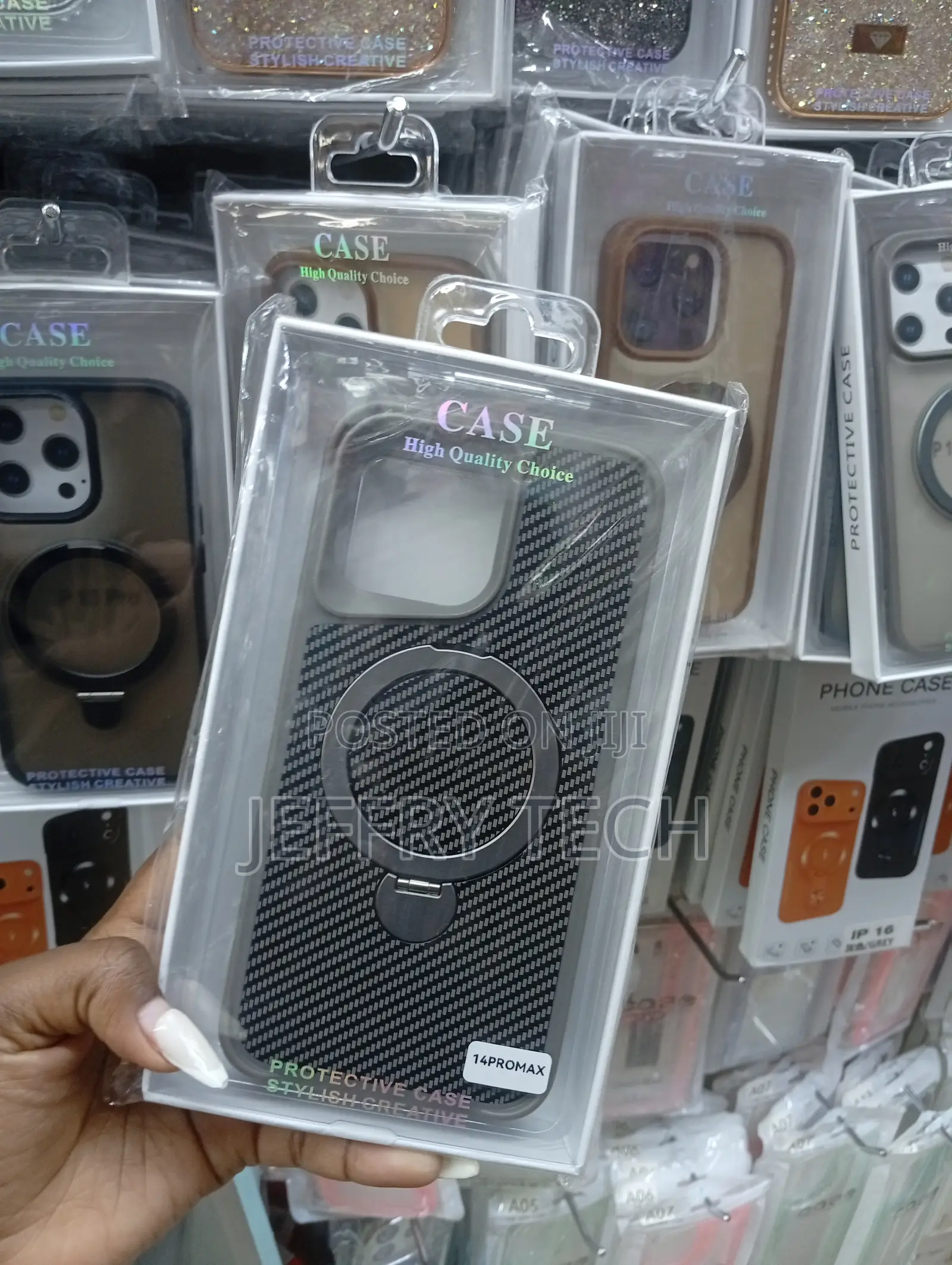 Grey Carbon Fiber Case With Stand Ring Magsafe for iPhone 14 Pro Max
