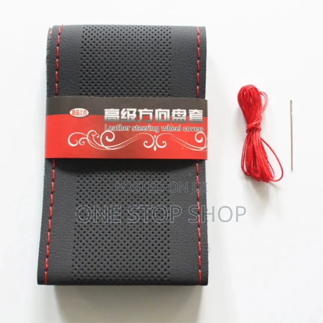 Black Leather Steering Cover Diy Kit With Red Stitching Thread