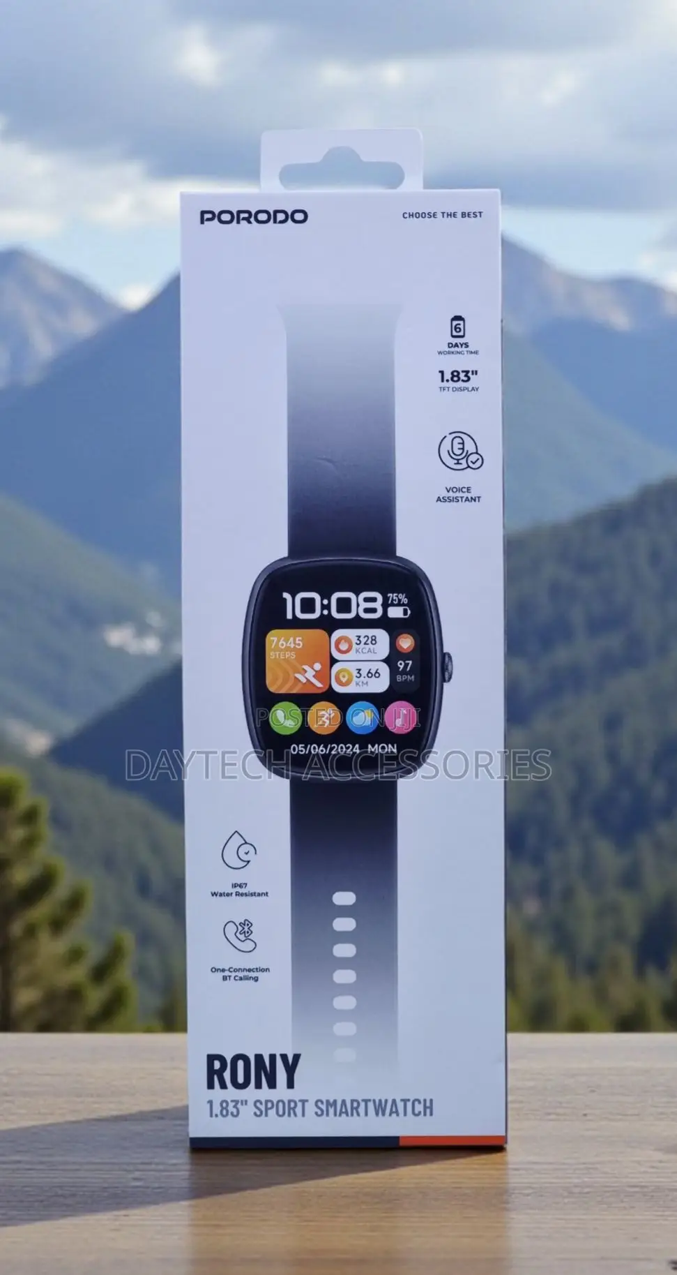 This Is a Porodo Rony 1.83" Sport Smartwatch in White Packaging.