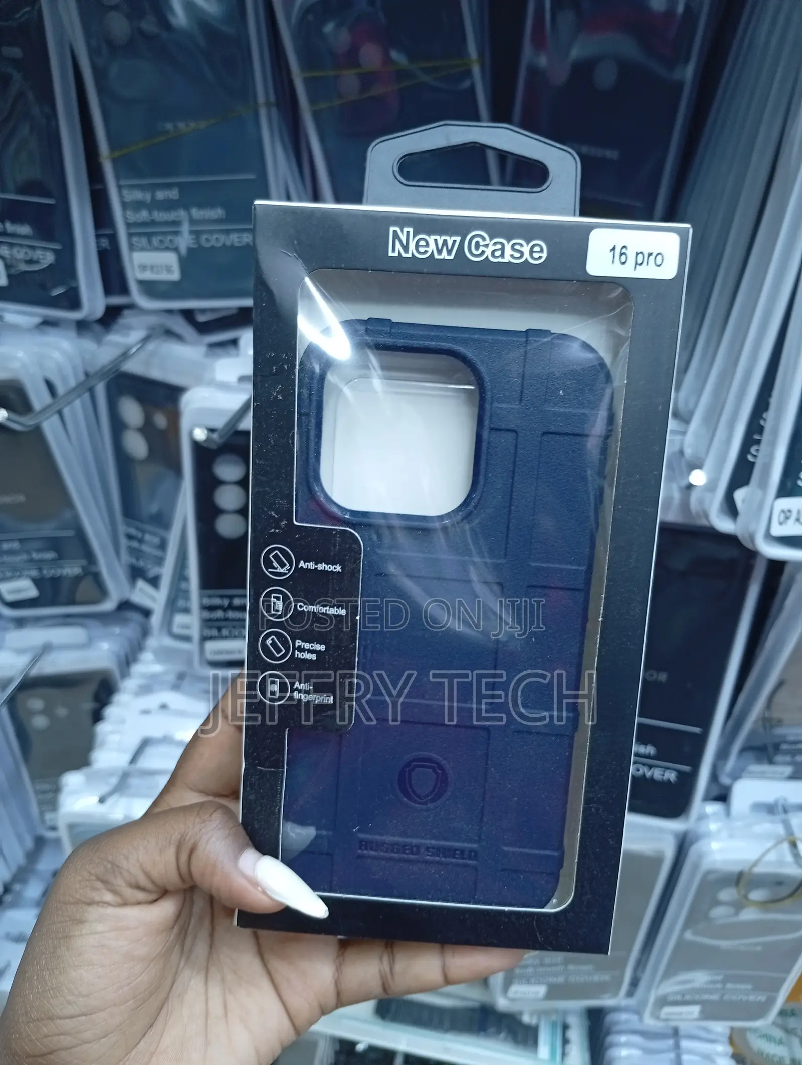 iPhone 16 Pro Distinctive Grid-Like Navy Blue Rugged Shield Phone Case