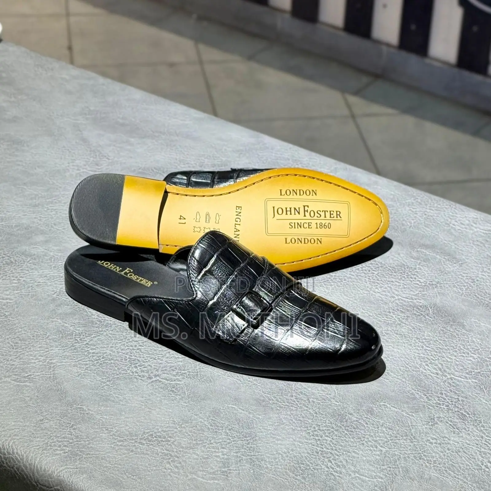 John Foster Men's Crocodile-Embossed Leather Slip-on Mules