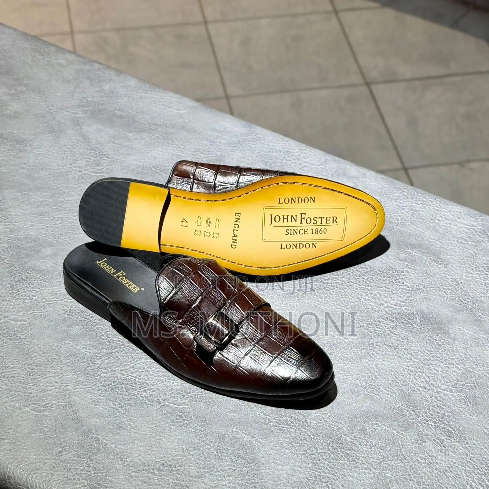 John Foster Men's Crocodile-Embossed Leather Slip-on Mules