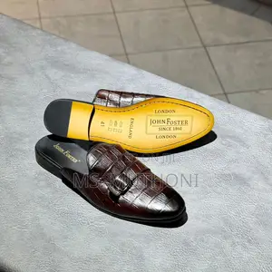 John Foster Men's Crocodile-Embossed Leather Slip-on Mules