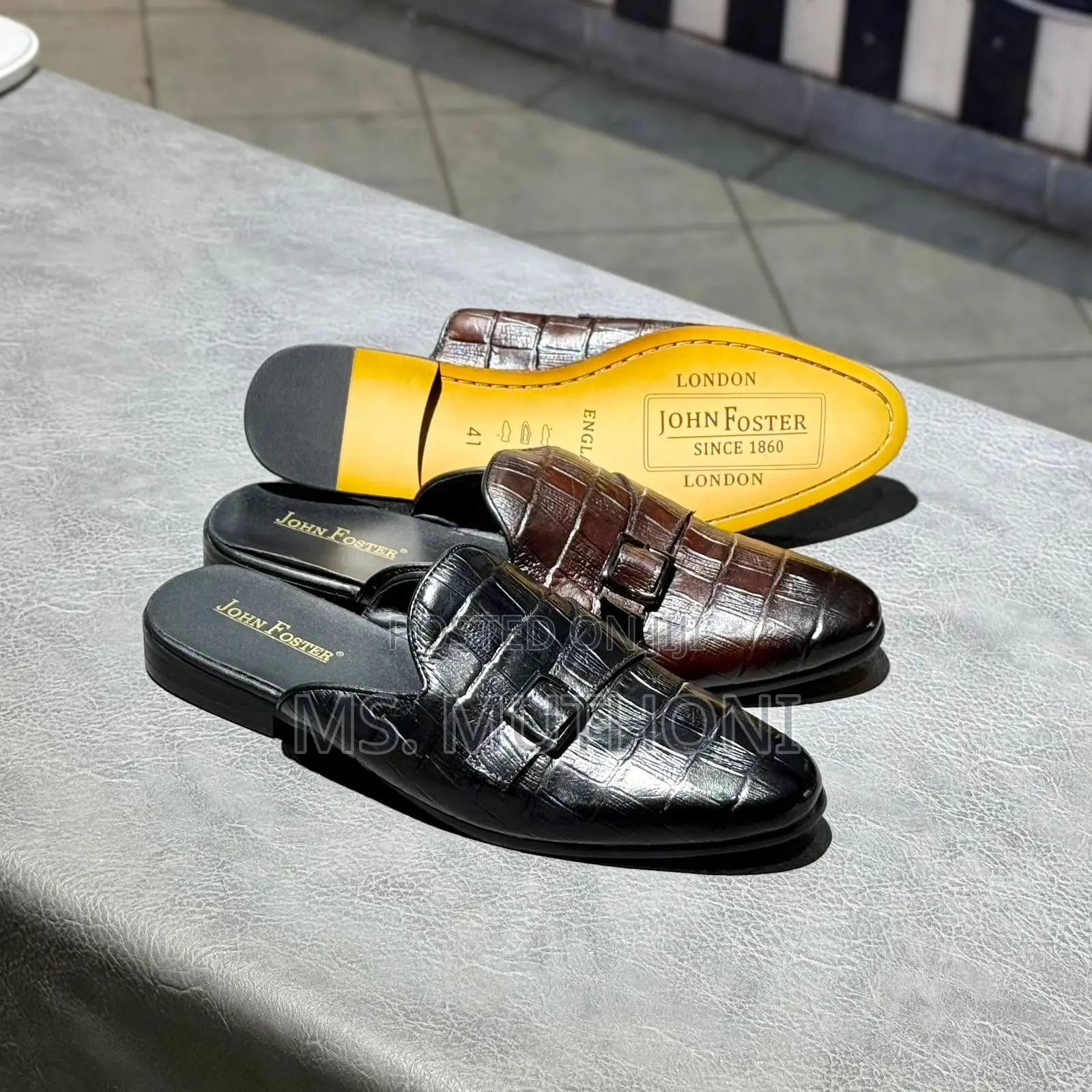 John Foster Men's Crocodile-Embossed Leather Slip-on Mules