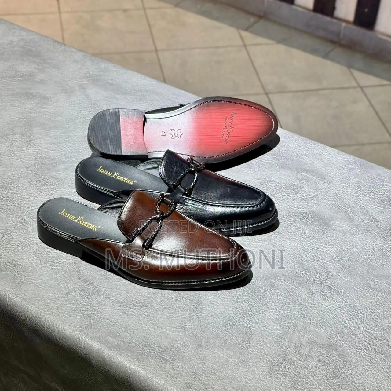 John Foster Leather Mule Loafers Featuring a Chain Detail