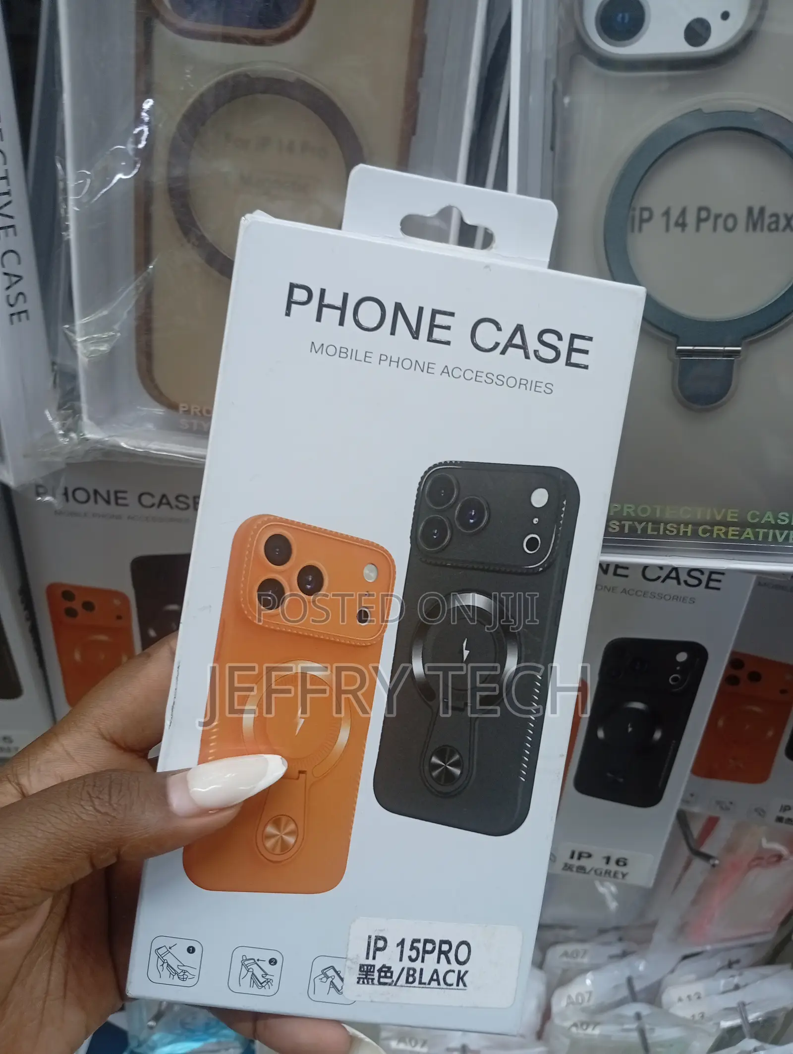 iPhone 15 Pro, a Built-in Lens Protector and a Ring Stand in Black.