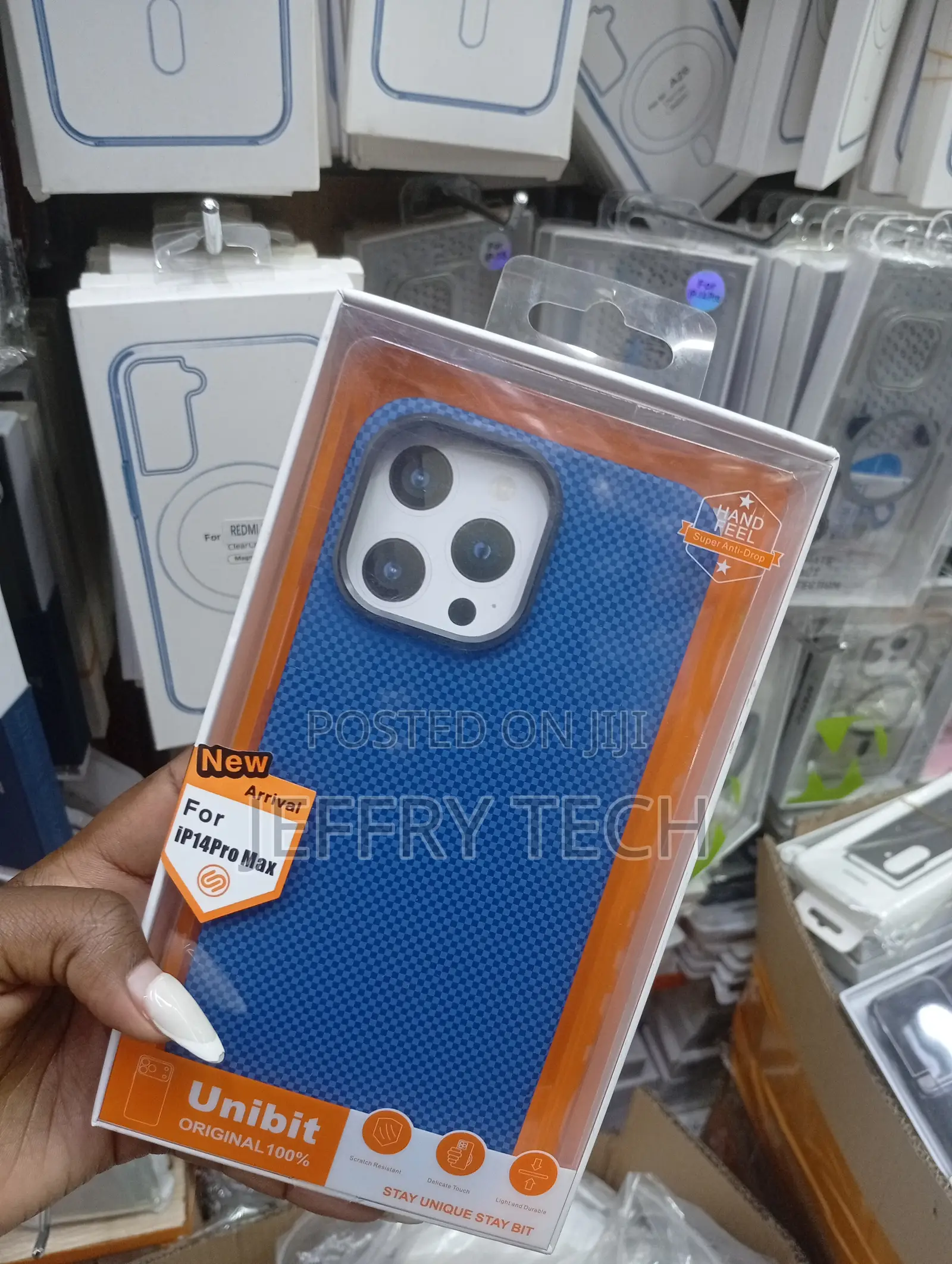 Unibit Brand Checkered Carbon Fiber Texture for an iPhone 14 Pro Max.