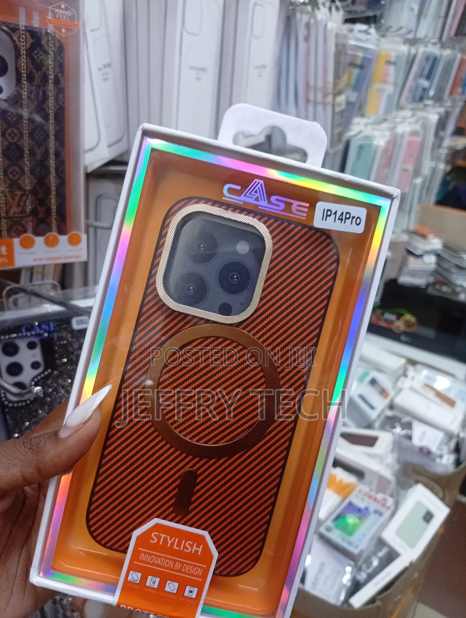 Stylish Orange Carbon Fiber Texture Phone Case for an iPhone 14 Pro