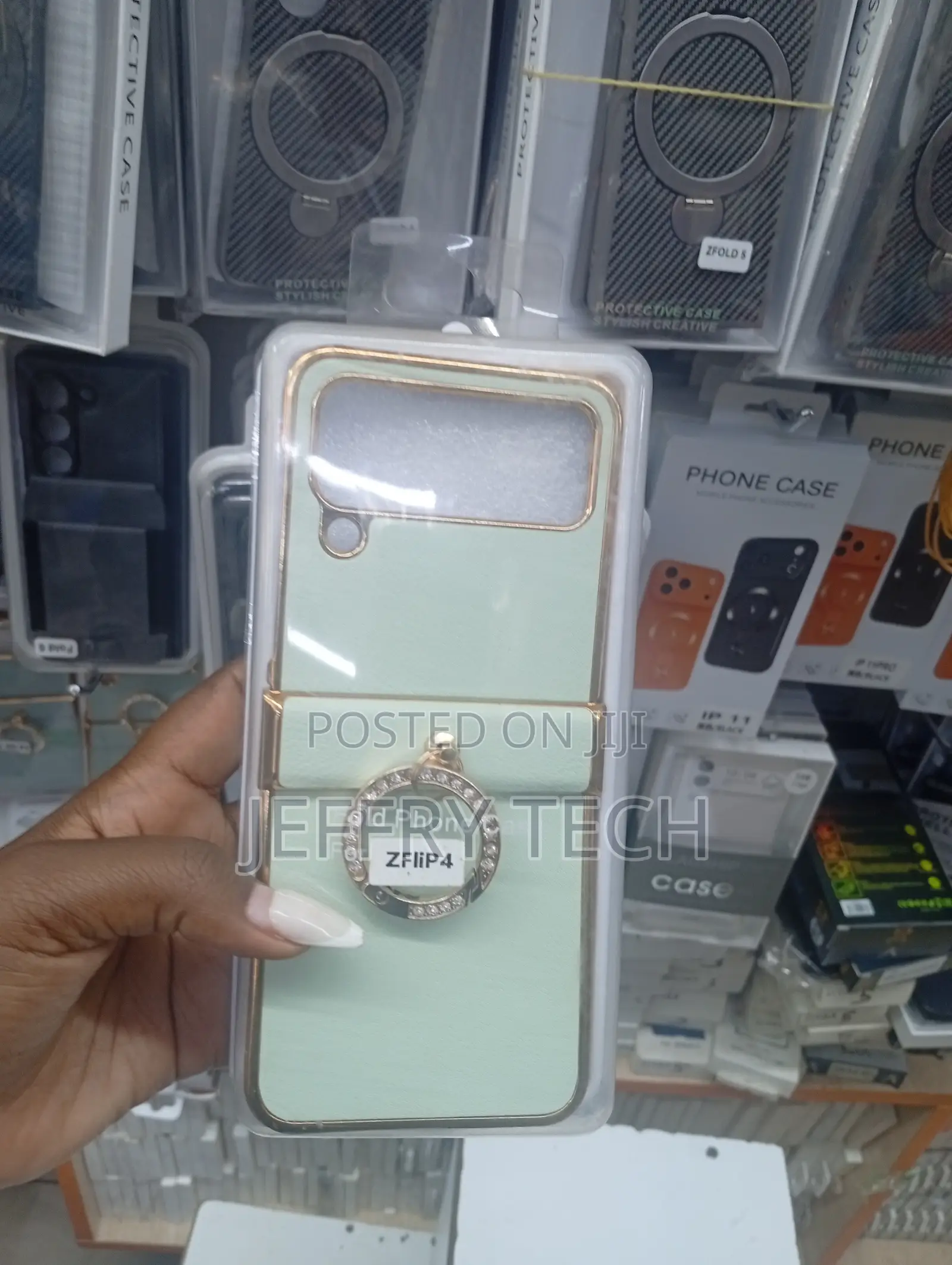 Samsung Galaxy Z Flip 4 Phone Case Featuring a Light Green Color, a Me