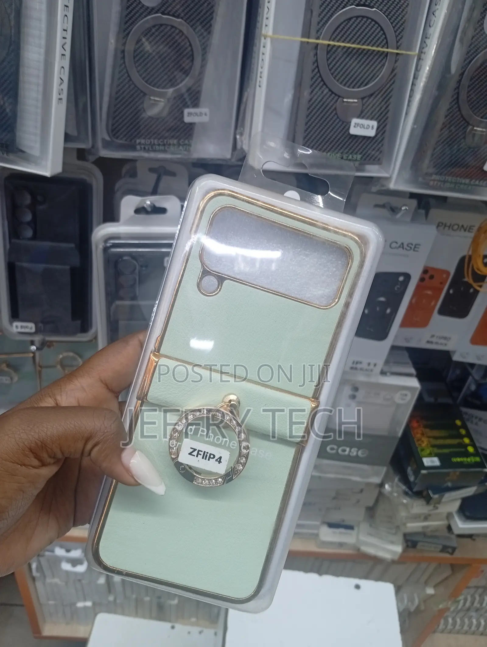 Samsung Galaxy Z Flip 4 Phone Case Featuring a Light Green Color, a Me