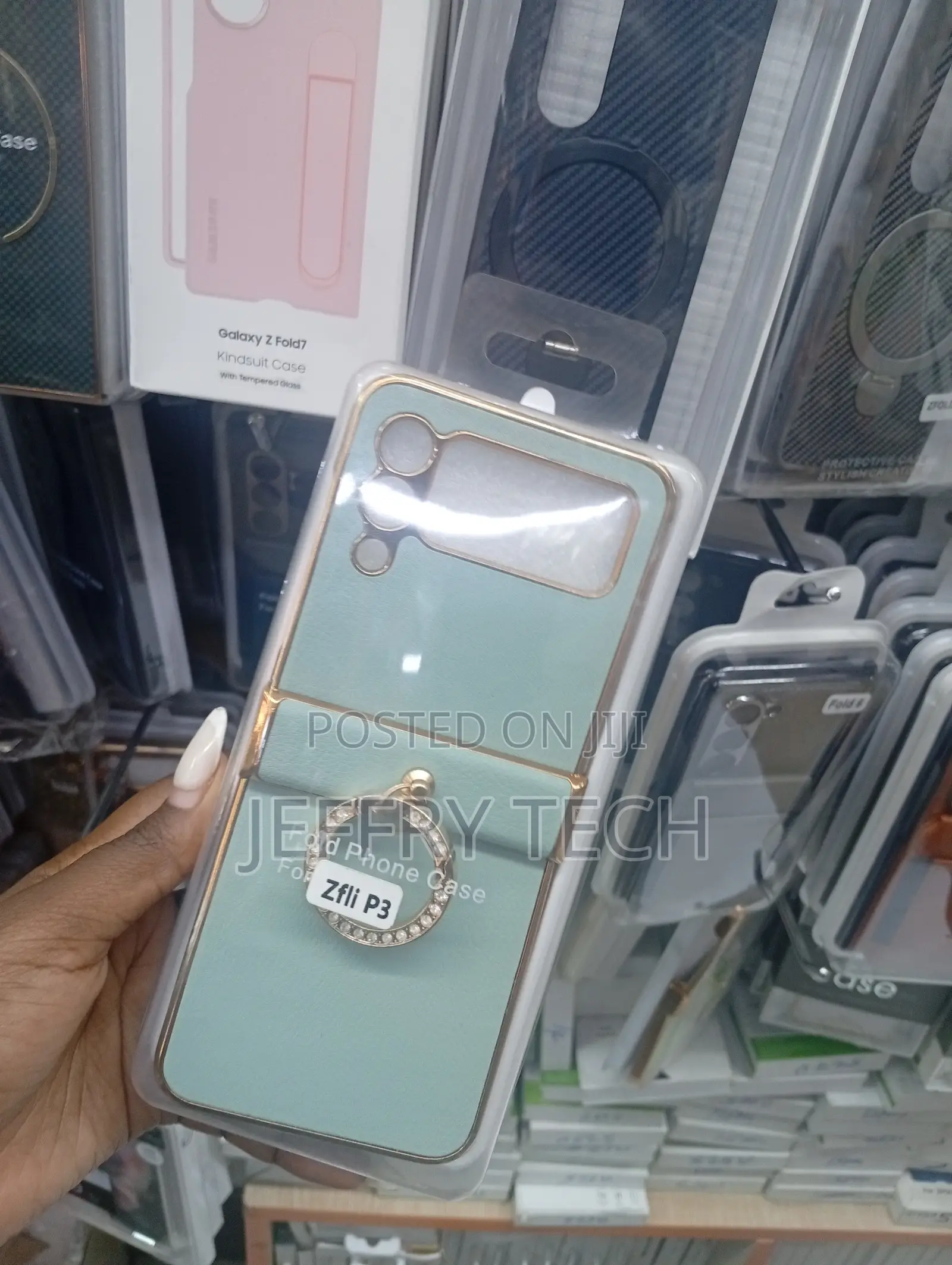 Green Samsung Galaxy Z Flip 3 Phone Case With a Diamond-D Ring Holder.