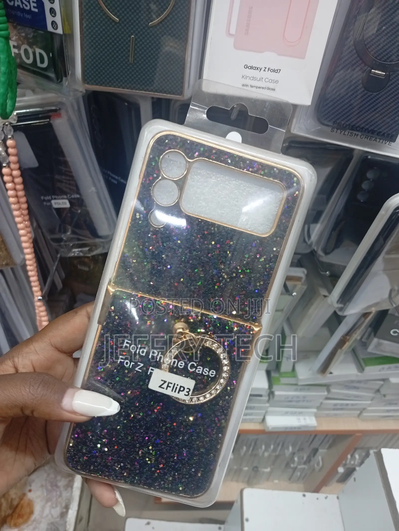 Black Glitter Phone Case With a Gold Ring Samsung Galaxy Z Flip 3
