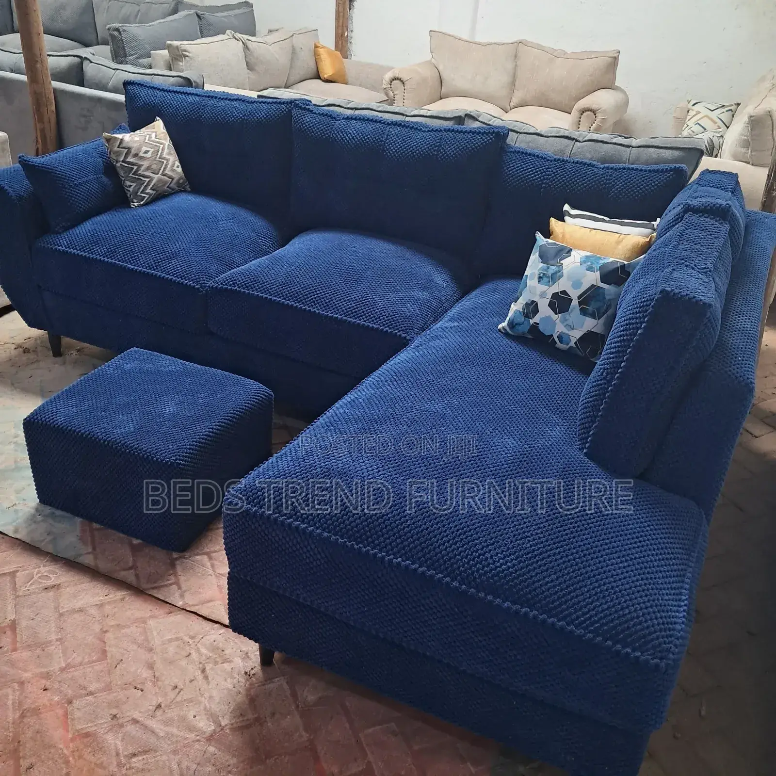 6 Seater Dark Blue L Seat Sofa.