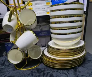 24pc Ceramic White and Gold Dinner Set