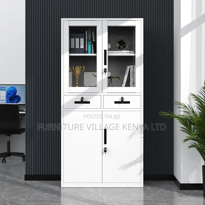2-Door Half Glass Lockable Cabinet With Drawers
