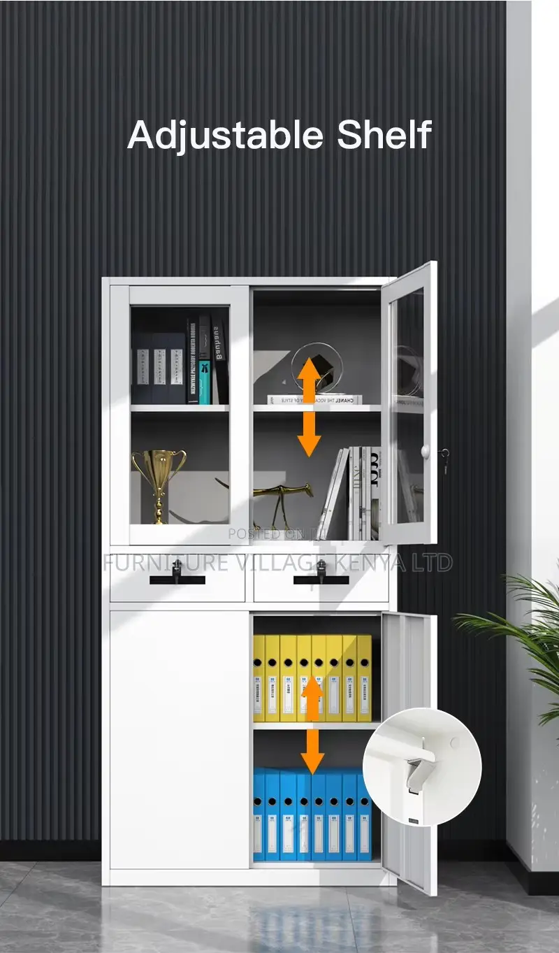 2-Door Half Glass Lockable Cabinet With Drawers