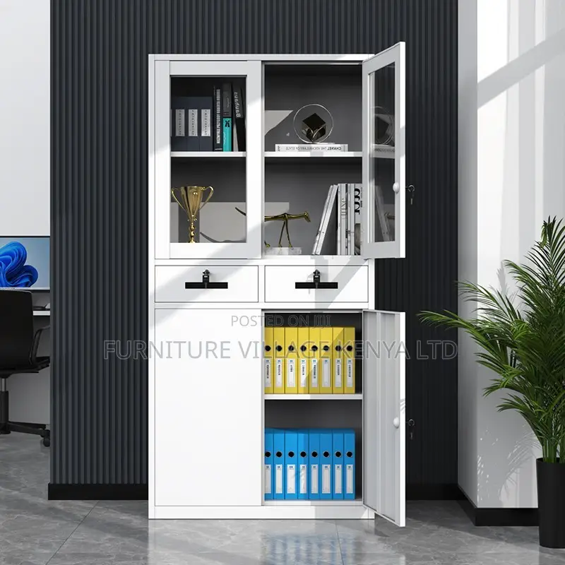 2-Door Half Glass Lockable Cabinet With Drawers
