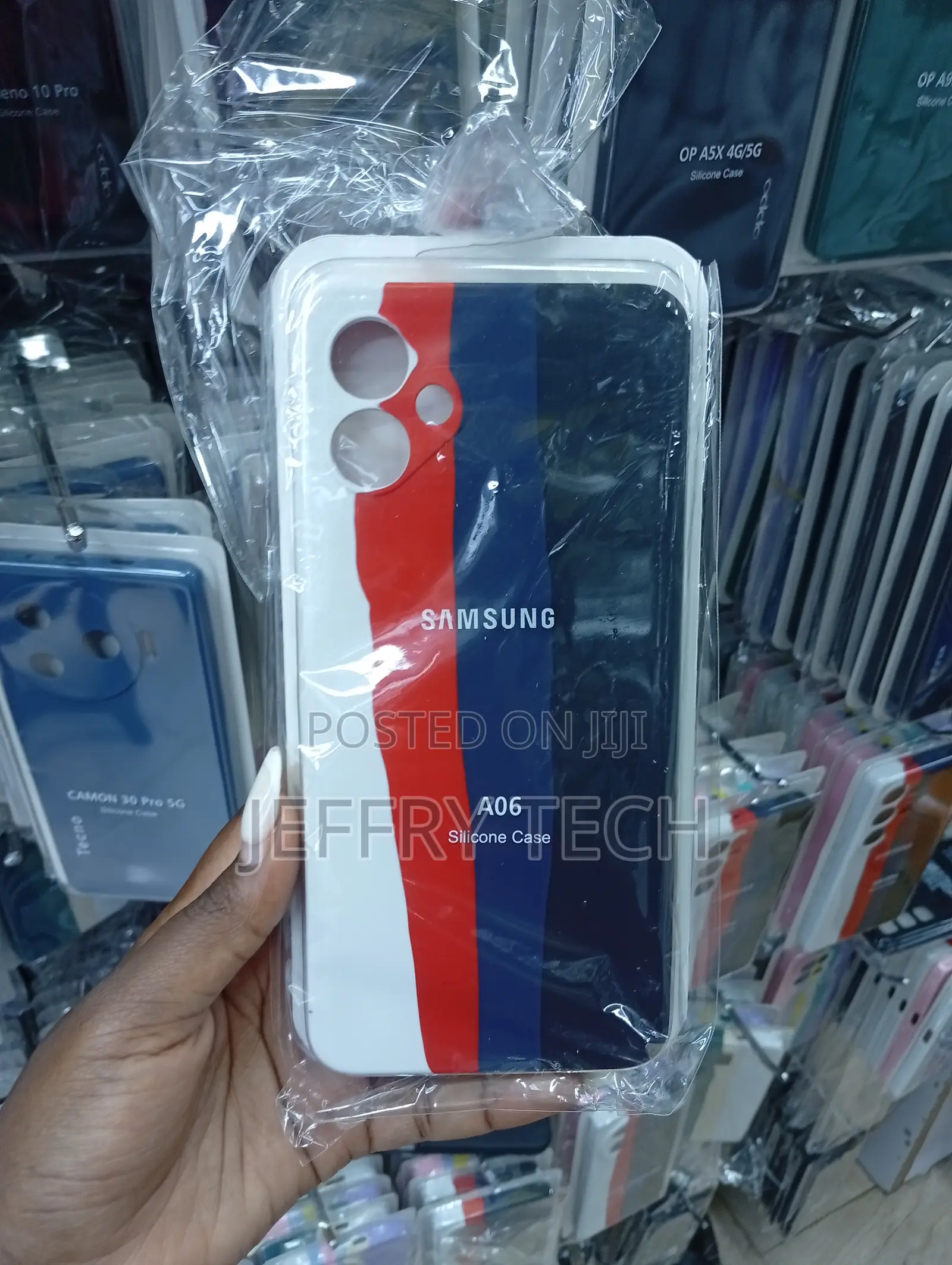 Samsung A06 Silicone Cases a Tri-Color Design in White, Red, and Blue