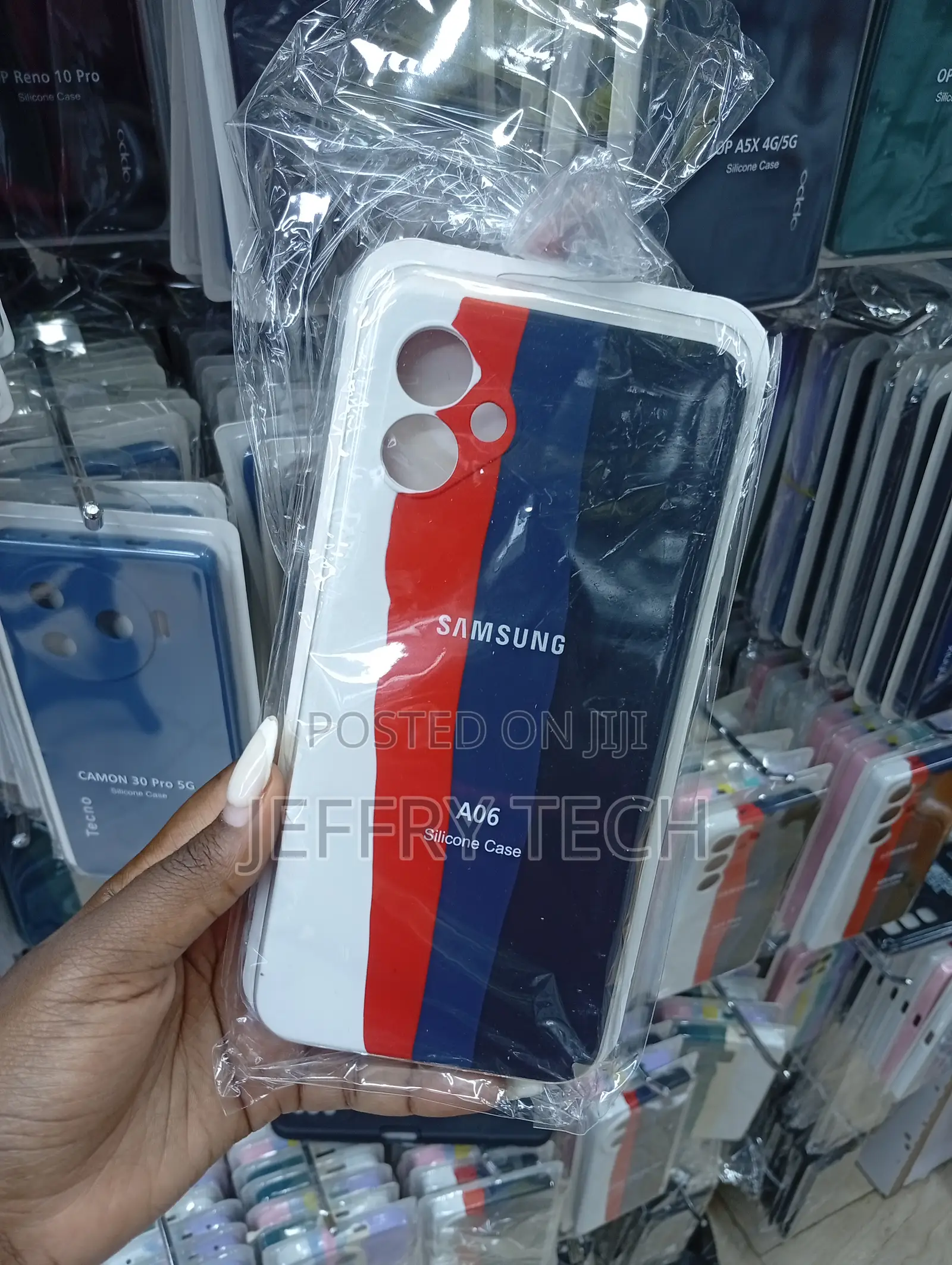 Samsung A06 Silicone Cases a Tri-Color Design in White, Red, and Blue