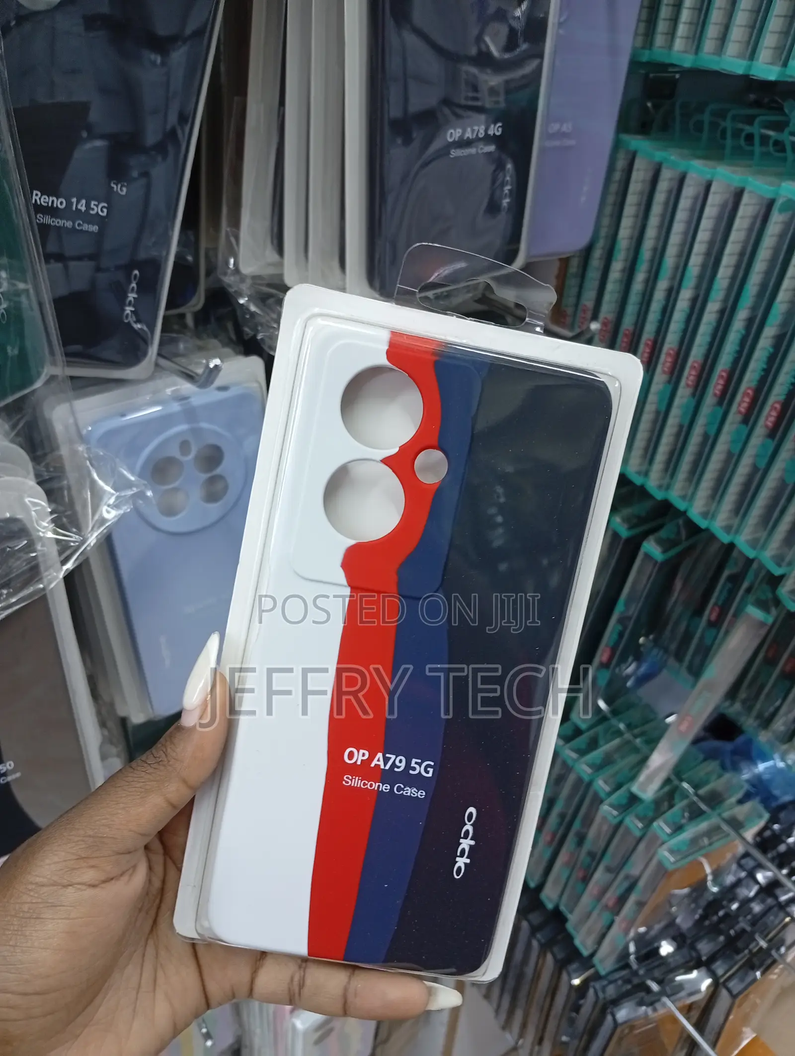 Oppo A79 5g Vertical Stripe Design in White, Red, and Navy Blue Case.