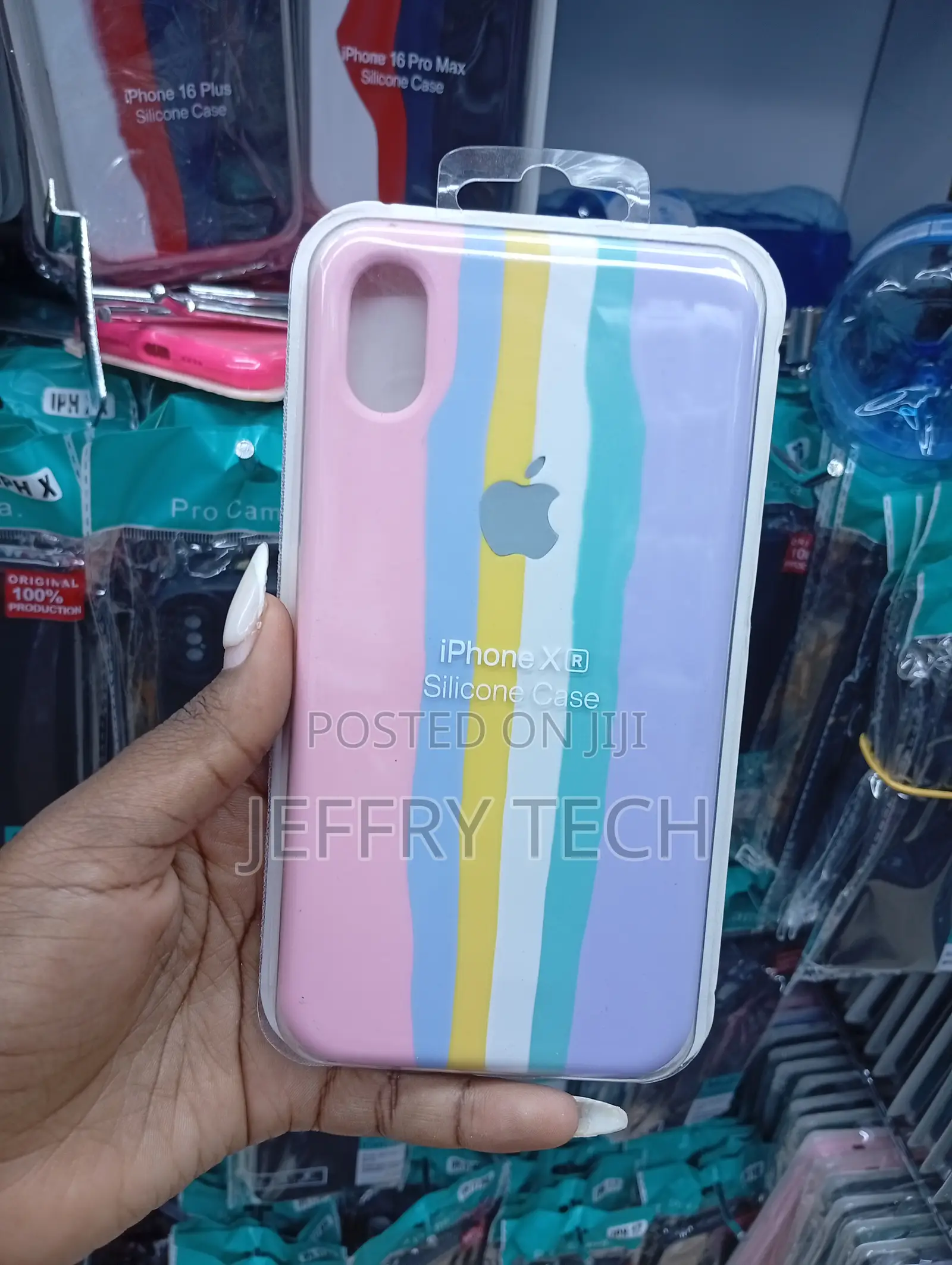 iPhone Xr Pink, Yellow, White, and Teal Striped Silicone Case