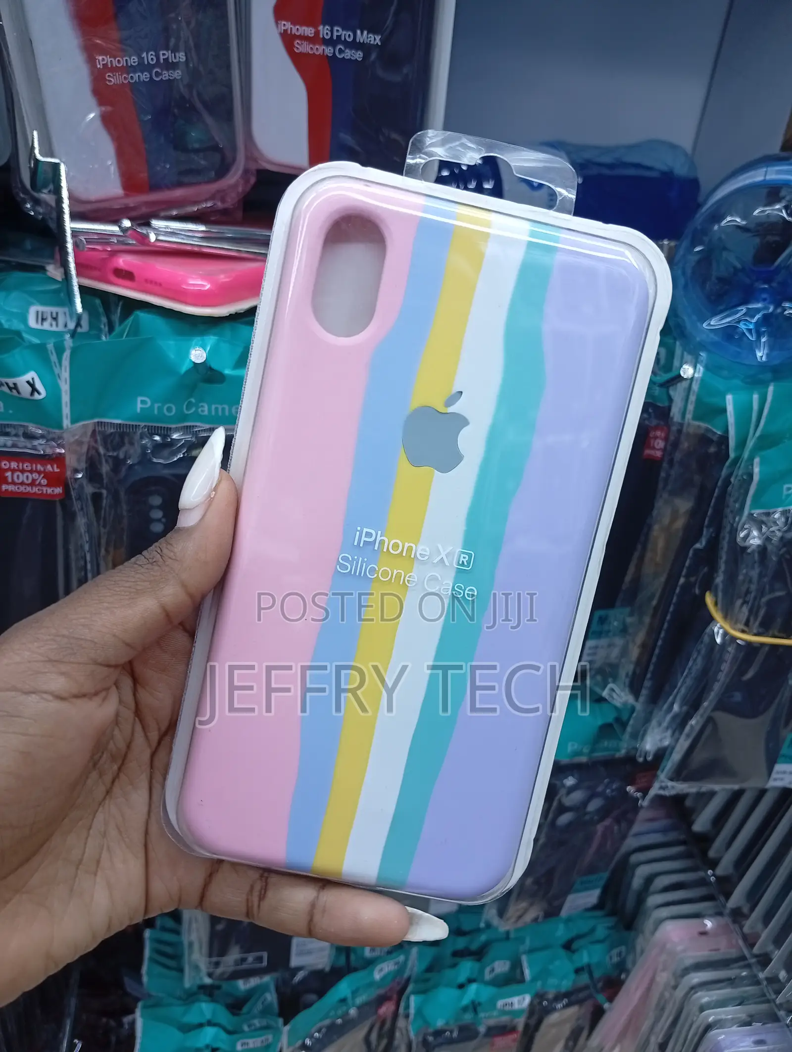 iPhone Xr Pink, Yellow, White, and Teal Striped Silicone Case