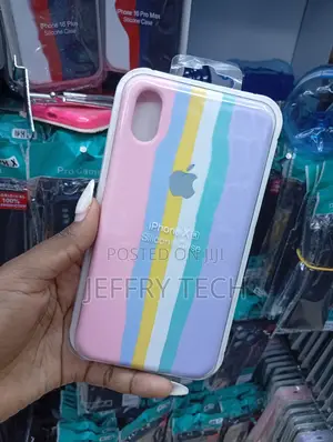 iPhone Xr Pink, Yellow, White, and Teal Striped Silicone Case