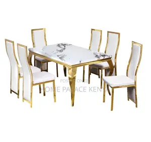 Dining Set: Marble Top Dining Table With Black Pu Leather Chairs