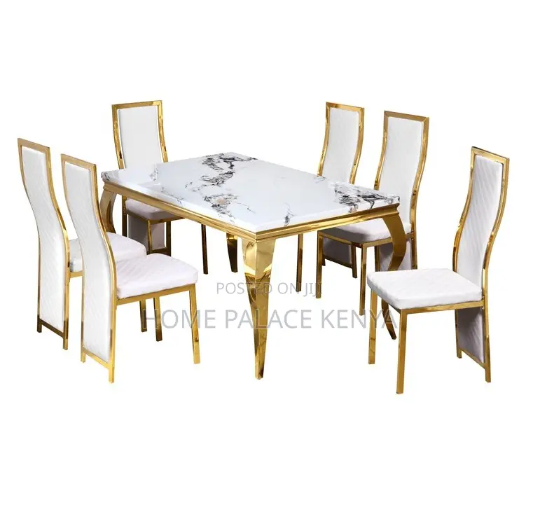 Dining Set: Marble Top Dining Table With Black Pu Leather Chairs