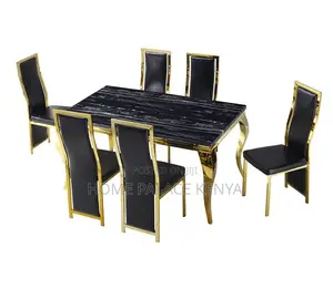 Dining Set: Marble Top Dining Table With Black Pu Leather Chairs