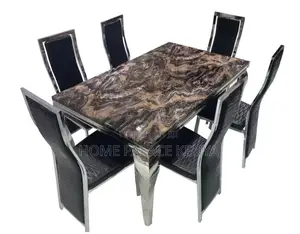 Dining Set: Marble Top Dining Table With Black Pu Leather Chairs