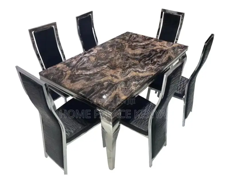 Dining Set: Marble Top Dining Table With Black Pu Leather Chairs